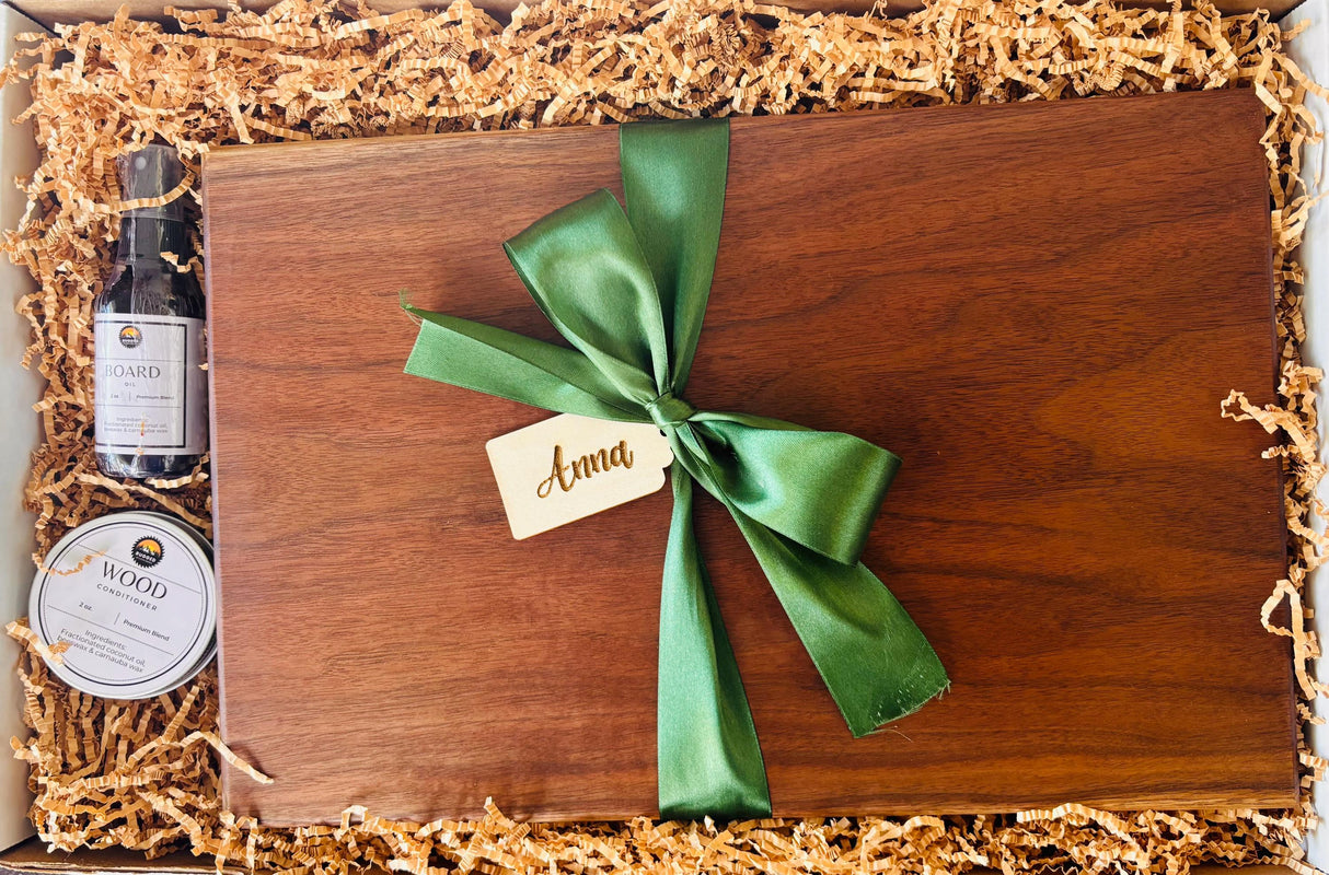Personalized Cutting Board Gift Set – Solid Wood Bundle with Custom Name Tag