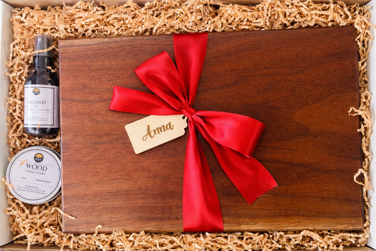 Personalized Cutting Board Gift Set – Solid Wood Bundle with Custom Name Tag